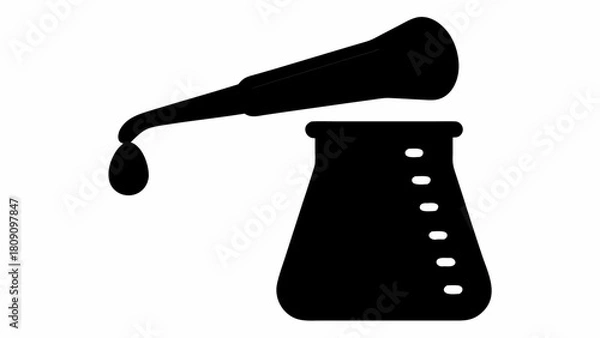 Fototapeta Black silhouette of a pipette dispensing a drop into a marked laboratory flask on a white background