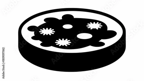 Fototapeta Black and white petri dish with bacteria colonies on a white background in an isometric view is shown