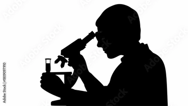 Fototapeta Silhouette of a person using a microscope with a test tube in a laboratory setting for scientific research