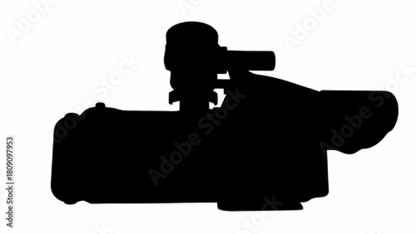 Fototapeta Silhouette of a professional video camera with viewfinder and microphone attachment shown in black