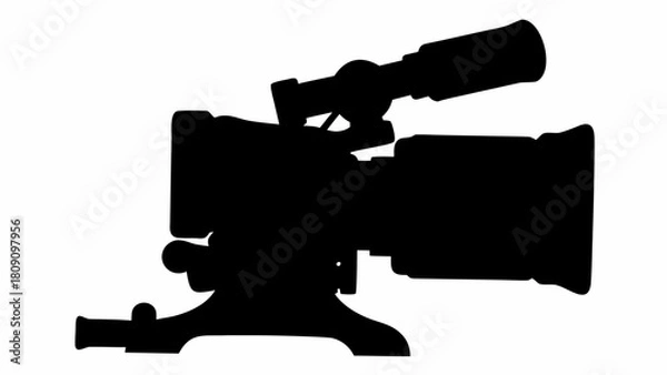 Fototapeta Silhouette of a professional video camera with viewfinder and tripod on a white background image