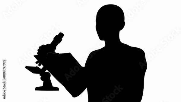 Fototapeta Silhouette of a person using a microscope and taking notes on a clipboard in a laboratory setting