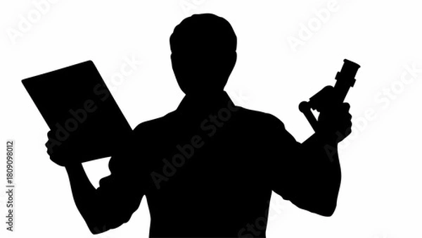Fototapeta Silhouette of a person holding a clipboard and a microscope against a white background in the studio