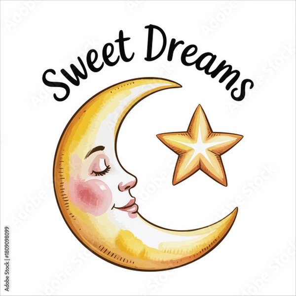 Obraz Cheerful smiling moon with shining star celestial isolated vector illustration on white background