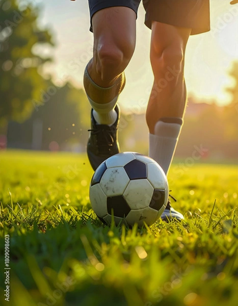 Fototapeta Sunset Soccer Kick Prep with Black Shorts and White Socks on Field for Editorial Use