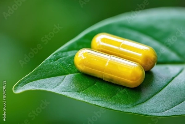 Fototapeta Yellow herbal capsules on green leaf, organic supplement and natural remedy macro photo