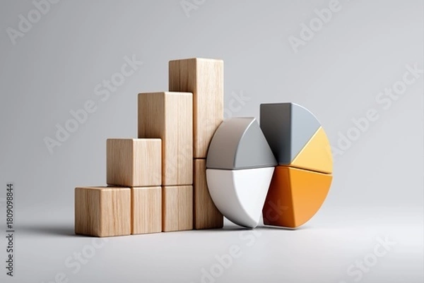 Fototapeta Minimalistic 3D wooden bar and pie charts, modern business data visualization concept