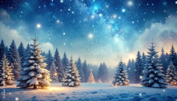 Fototapeta Enchanting winter wonderland scene with snow-covered trees and starry sky peaceful forest landscape magical environment serene night viewpoint nature concept for holiday inspiration