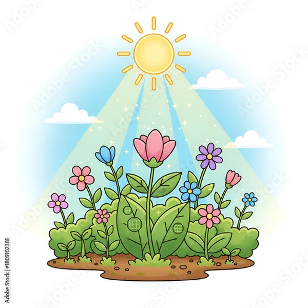 Obraz Cartoon illustration of flowers blooming under the sun a vector design showing growth and warmth isolated on white background