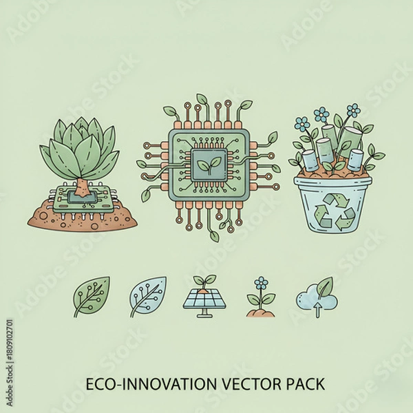 Obraz Eco-innovation vector icon set featuring technology and nature for sustainable development and environmental solutions