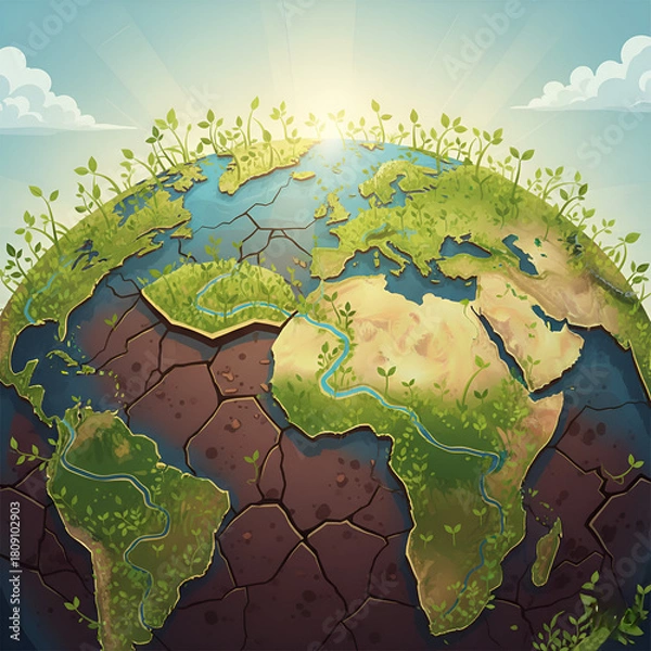 Obraz Cartoon illustration of a cracked Earth globe with green sprouts representing environmental issues and climate change isolated on a sunny sky background