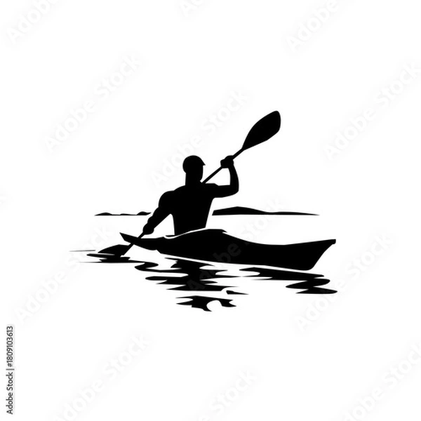 Obraz Black silhouette of a strong kayaker paddling on calm water, capturing the spirit of adventure, fitness, and tranquility in nature and water sports.