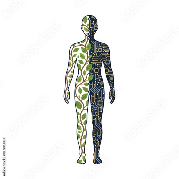Fototapeta Human figure split in half one side with leaves and branches the other with a circuit board pattern representing nature and technology integration
