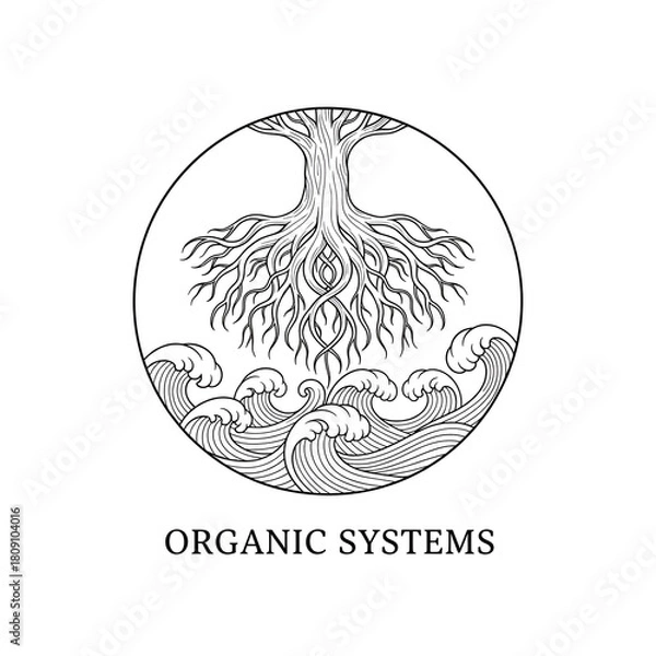 Fototapeta Stylized tree with roots and waves vector illustration for organic systems nature concepts and environmental themes