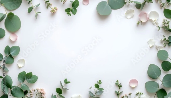 Fototapeta Elegant flat lay of eucalyptus leaves and delicate flower petals forming a natural frame on a clean white background with ample copy space