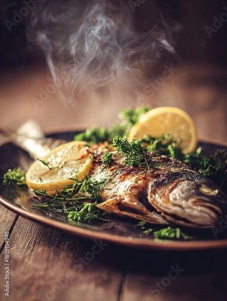 Fototapeta Steaming grilled fish with lemon and herbs on rustic wood