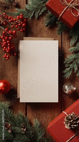 Fototapeta Blank christmas card mockup with holiday gifts and fir branches