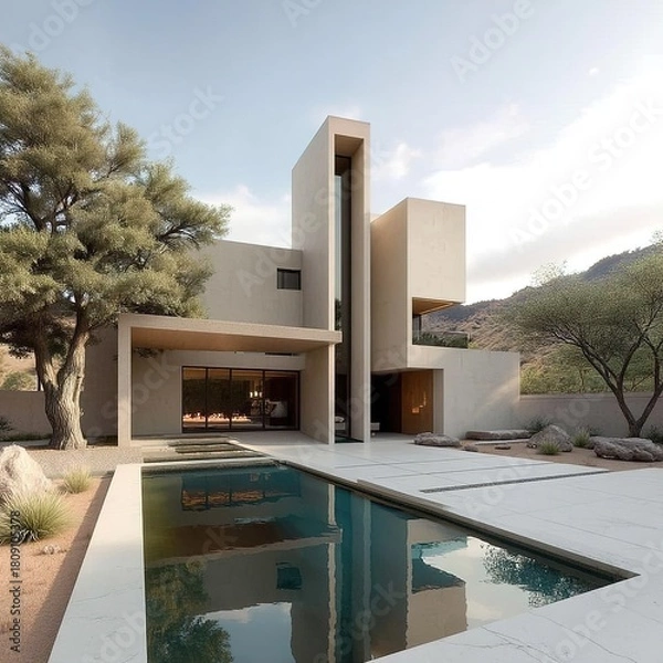 Fototapeta Modern desert house with swimming pool and minimalist architecture