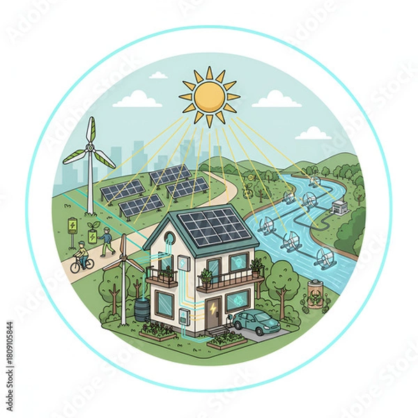 Fototapeta Sustainable living illustration featuring renewable energy sources and eco-friendly practices ideal for environmental awareness campaigns and educational materials
