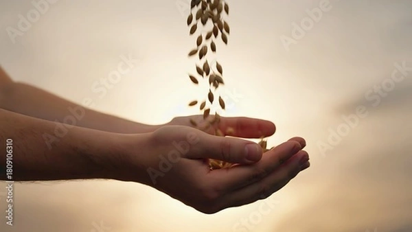 Fototapeta Golden grains falling into hands at sunset