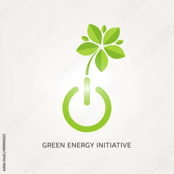 Obraz Green energy concept with power button and plant leaves eco-friendly initiative vector illustration isolated on white background