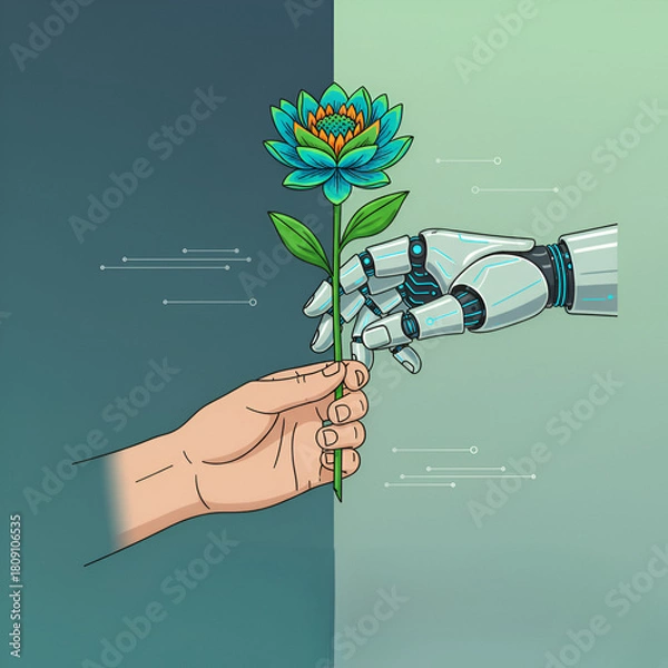 Obraz Human hand and robot hand holding a flower concept of technology and nature vector illustration for future and artificial intelligence