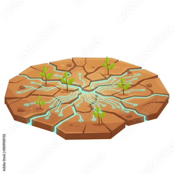 Obraz Dry cracked earth with circuit patterns and small plants conceptual vector illustration of technology helping nature isolated on white background