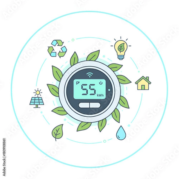 Obraz Smart thermostat vector illustration surrounded by green leaves and renewable energy icons promoting eco-friendly home automation