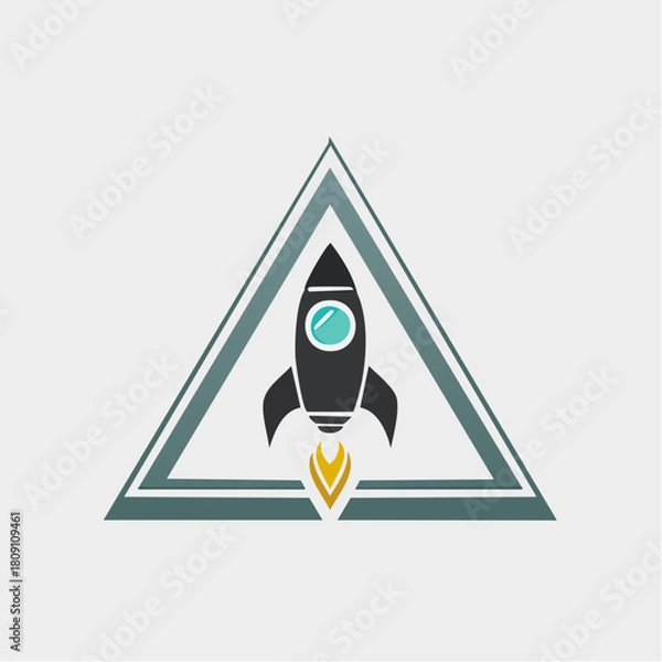 Obraz A dynamic graphic concept depicting a rocket launch, symbolizing rapid business growth, startup innovation, and technological advancement, enclosed within a bold triangular emblem