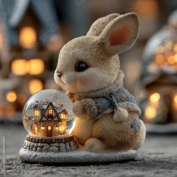 Obraz Cute bunny on snow globe base with illuminated Christmas village