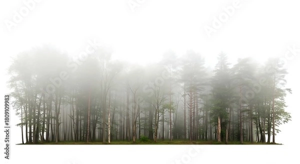 Obraz Ethereal misty forest scene with tall trees shrouded in soft fog creating a serene and mysterious natural landscape