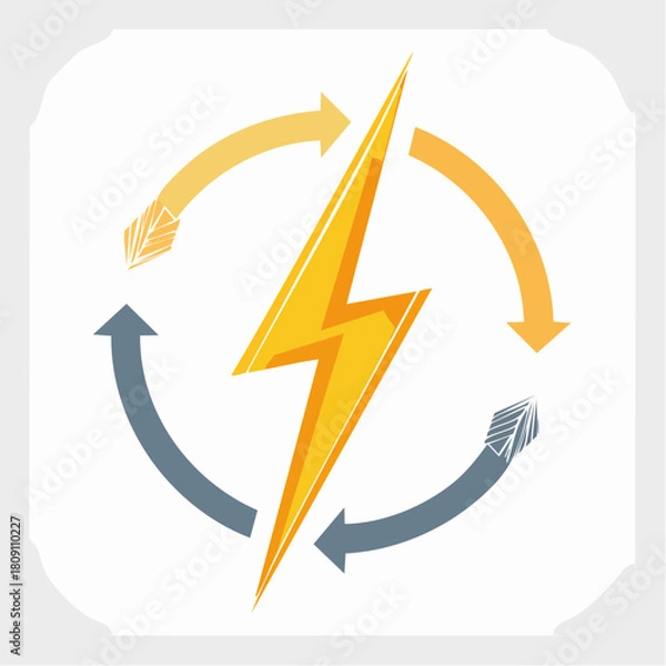 Obraz Renewable energy cycle concept represented by a yellow lightning bolt icon with circular arrows, symbolizing sustainable power and electricity generation