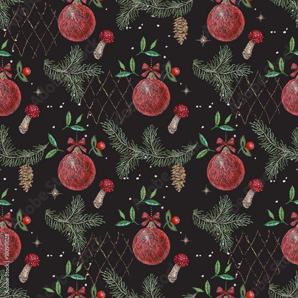 Obraz Embroidery christmas seamless pattern with mushrooms, pine cones and balls. Vector embroidered new year floral design for fashion, fabric, wrapping.
