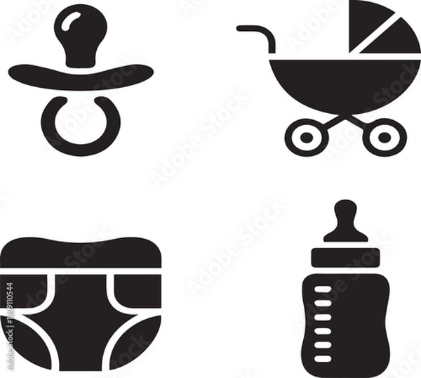 Obraz Black baby icons pacifier stroller diaper bottle on white background infant child