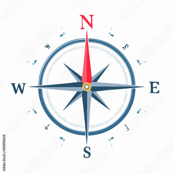 Fototapeta A detailed graphic illustration of a nautical compass rose with a red needle pointing north, designed for navigation and direction