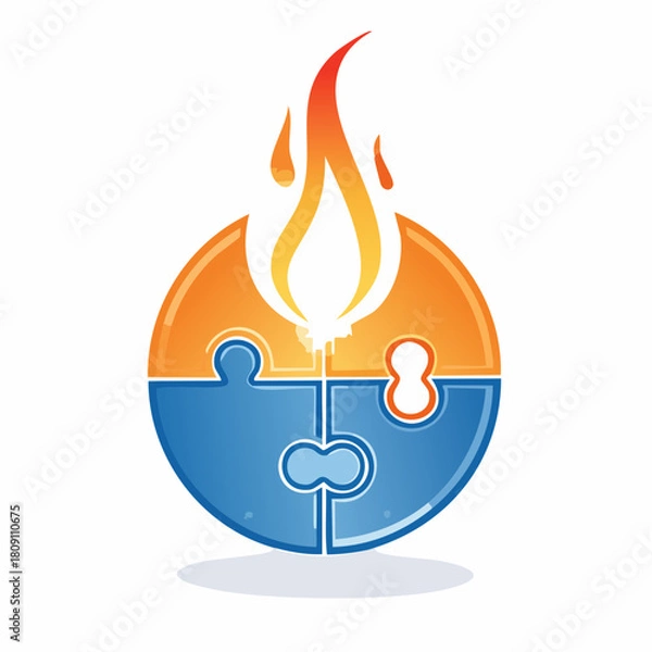 Obraz A glossy icon of a four-piece circular puzzle in orange and blue, with a rising flame representing a brilliant idea, passion, and successful problem-solving