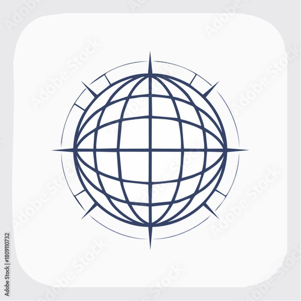 Obraz Stylized wireframe globe icon surrounded by a compass rose, representing global travel, international business, and worldwide navigation concepts on a clean background