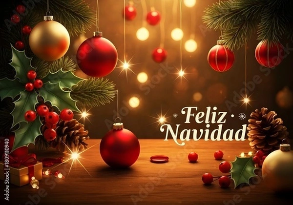 Fototapeta Festive Christmas Scene With “Feliz Navidad” Text
