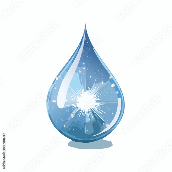 Fototapeta Conceptual illustration of a pristine blue water drop containing a brilliant starburst, a metaphor for pure energy and fresh ideas