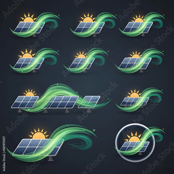 Obraz Set of solar panel illustrations with sun and wind energy clean power vector design for sustainable technology and renewable resources