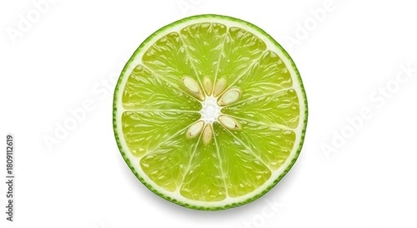 Fototapeta Close up of a vibrant green lime slice showcasing its juicy segments and seeds against a clean white background