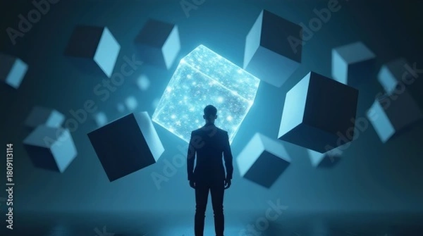 Fototapeta A silhouetted figure gazes at a glowing cube amidst floating geometric shapes in a futuristic ambiance.