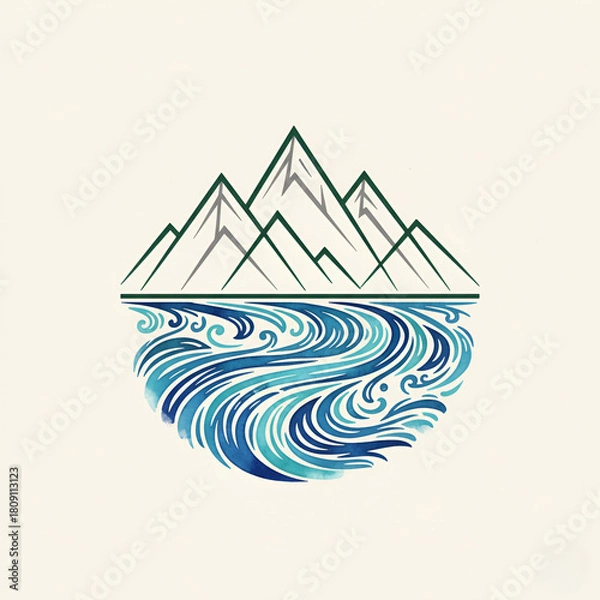 Obraz Mountain and river illustration nature landscape in line art style vector design for travel and outdoor adventure concepts