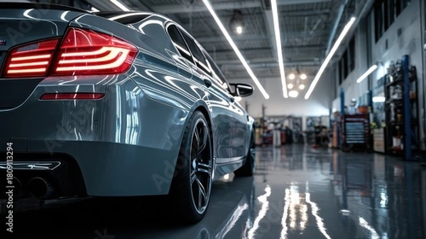 Fototapeta A modern gray car parked inside of a garage with lights on the ceiling