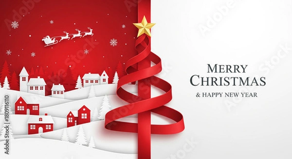 Obraz Christmas festive background with red ribbon tree and winter landscape