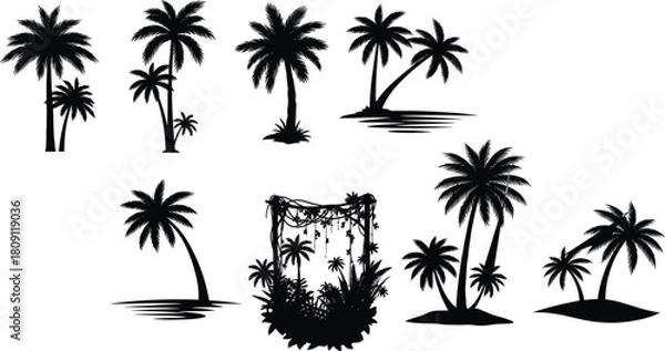Fototapeta Collection of black palm tree silhouettes, tropical island beach scenes, coconut trees, and summer nature elements vector illustration set.