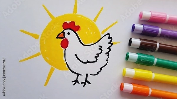 Obraz A charming drawing of a chicken and the sun, created with colorful markers on white paper.
