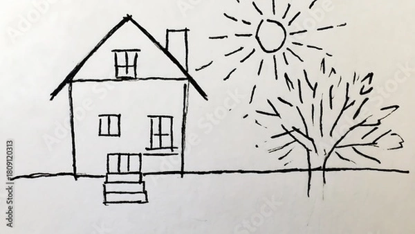 Fototapeta Simple drawing of a house with a tree and the sun, rendered in black lines on white background.