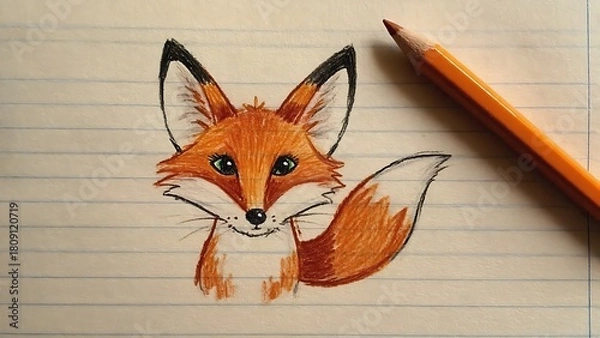 Fototapeta Charming fox illustration with an orange pencil on a lined paper background, creating a whimsical and artistic composition.