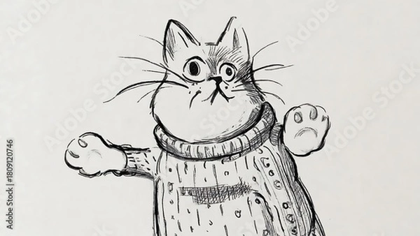 Fototapeta Whimsical feline friend dons a cozy sweater, rendered in charming monochrome sketch style.